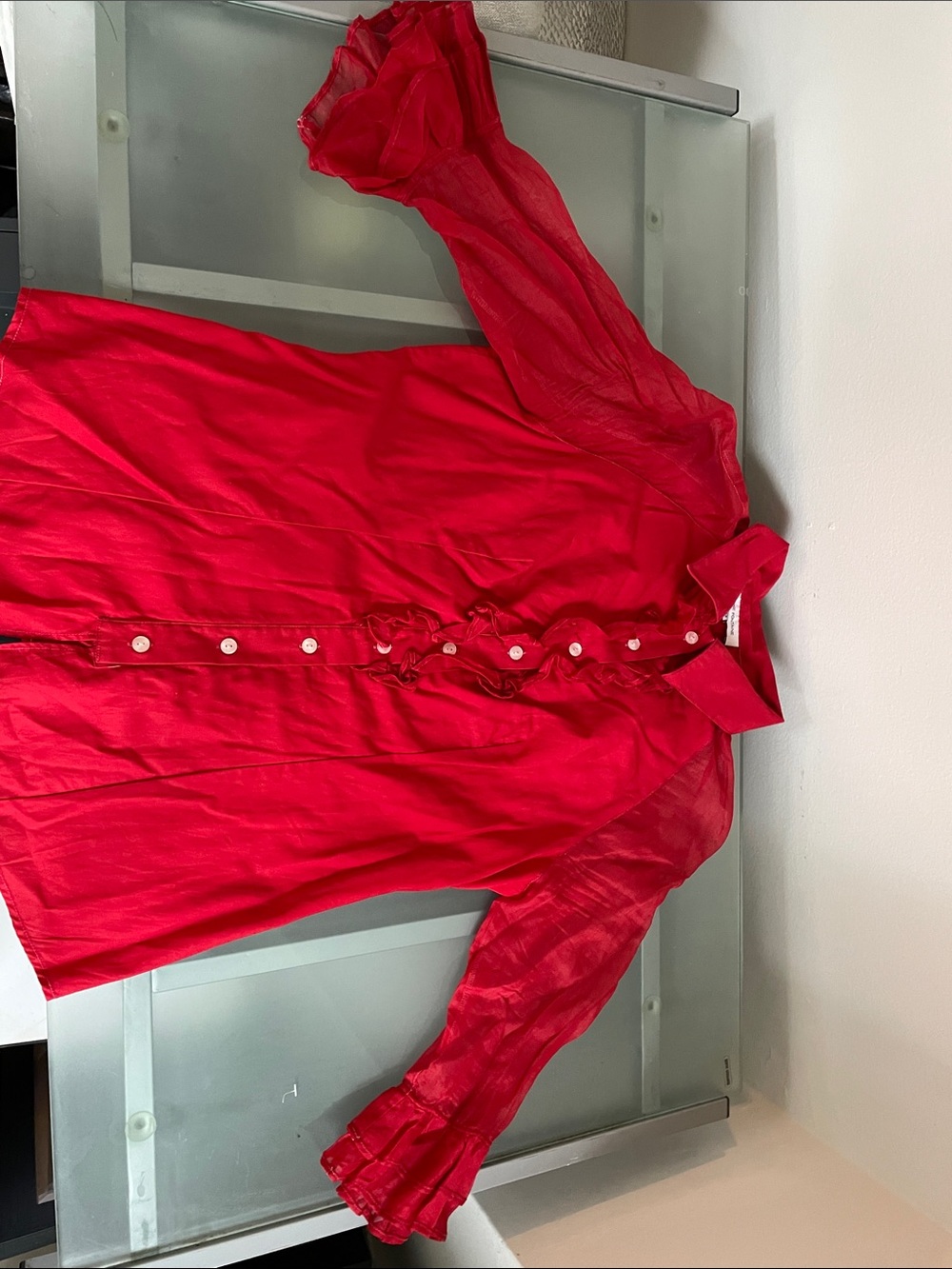 Anne Fontaine Red Ruffle-Trim Button-Down Blouse Sz. 42